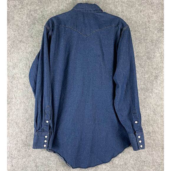 Vintage Wrangler Denim Western Shirt Mens 17.5 35 X-Long Tails Pearl Snap USA - Picture 11 of 15